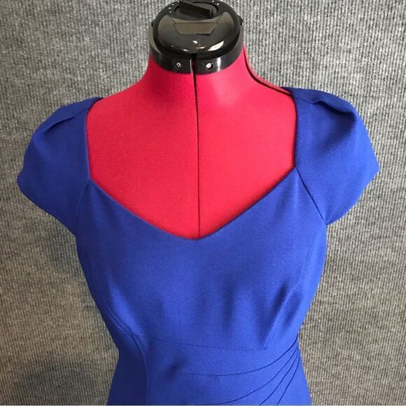 Tahari ASL Dress Women Size 4P Royal Blue Cap Sleeves Exposed Back Zipper Sheath - Picture 5 of 9